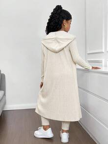 3pcs Tween Girls Casual Outfit Set: Long Jacket + Vest + Leggings, Fashionable Daily Wear Girls Ribbed Two Piece Set Girls Ribbed 3 Piece Outfit Girls Knit Set Hooded Cardigan Set Tween Girl Casual Outfit Fall Winter - Apricot - View 2