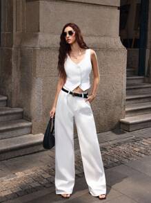 Selenza Women's Pocketed Pleated Wide Leg Loose Casual Versatile Denim Pants