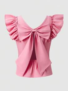 Blusa tejida elegante de cuello en V rosa con mangas con volantes, lazo en la espalda, blusa ajustada corta, versátil y práctica, se puede combinar con faldas, pantalones acampanados, pantalones de pierna ancha, pantalones pitillo, shorts para adolescentes - Rosa - Ver 4