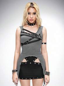 ROMWE Grunge Punk 女式不对称下摆黑色朋克功能性针织上衣 - 灰色 - 查看 5