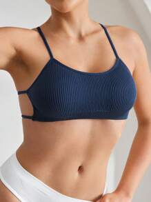 Ocili Solid Rib Knit Cami Bralet - Navy Blue - View 2