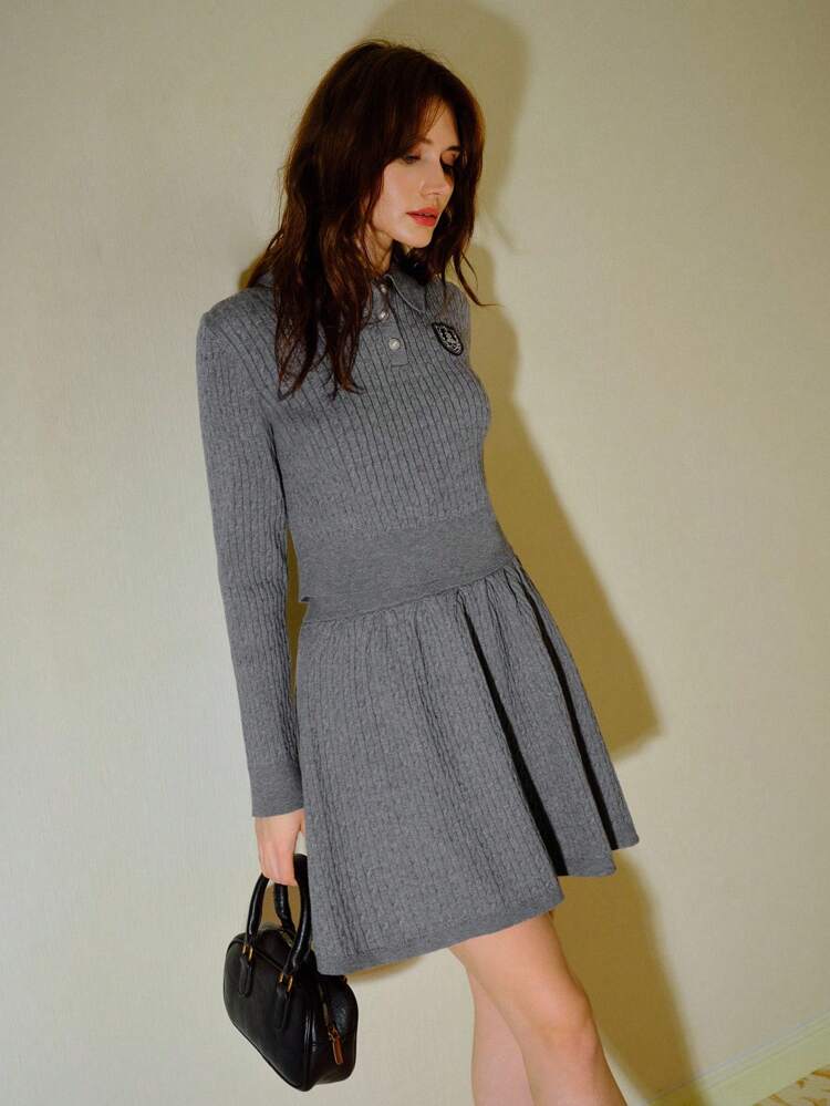 PATCHED HALF BUTTON SWEATER TOP & SKIRT SWEATER CO-ORD