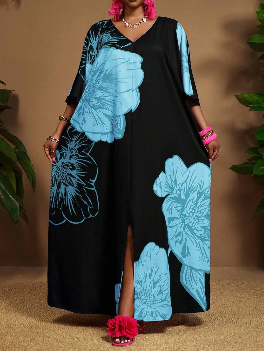 SHEIN CURVE+ 大码女装春夏休闲优雅波西米亚风黑色编织V领直筒连衣裙卡夫坦连衣裙大码连衣裙复活节连衣裙女士春季套装，曲线加大码，波西米亚度假夏季/乡村/海滩度假装/沙滩装/沙滩装，女士夏季连衣裙，休闲连衣裙 - 彩色 - 查看 1