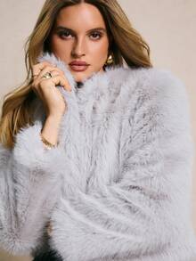 Poéselle Women's Knitted Single-Breasted Short Faux Fur Coat, Women's Winter Coat, Women's Winter Coat, Women's Winter Coat, New Year , Party, Business Casual Woman, Old Money, Elegant Women, Classy For Women, Fall Winter - Light Grey - View 3