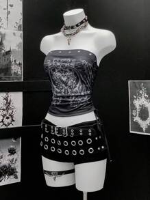 EgrlEra 女士金属装饰朋克心形印花抹胸上衣 - 黑色 - 查看 1