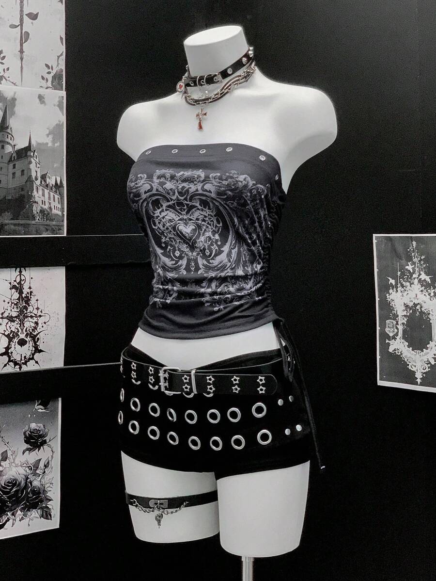 EgrlEra 女士金属装饰朋克心形印花抹胸上衣 - 黑色 - 查看 1