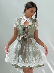 Aloruh 女士优雅慕尼黑啤酒节蕾丝边方领交叉系带可拆卸蕾丝围裙 A 字迷你连衣裙 - 綠色 - 查看 8