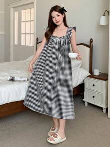 DAZY Sweet Contrast Color Bow Decor A-Line Sleeveless Ruffle Hem Women Nightgown Pajama