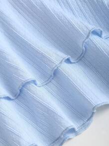 Sweetra Women's New Spring & Summer Suitable For Beach Vacation Elegant Textured Fabric Halter Neck Tie Front Ruched Metallic Decor Tiered Ruffle Hem Playful Mini Dress - Blue - View 3