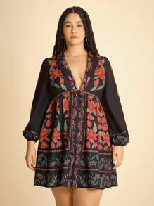 CAJUNI 大码女式休闲度假黑色热带印花短款连衣裙 - 波西米亚风女装/女式西式服装/图案/休闲女装