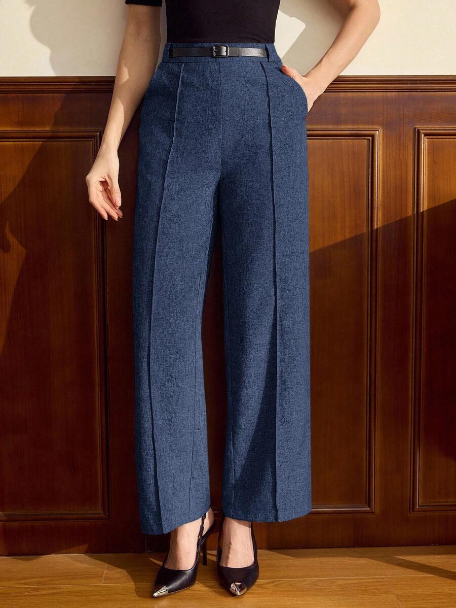 Vintamour 复古经典优雅女裤，修身腰带口袋长裤，藏青色，适合通勤，复古风格，秋冬 - 藏蓝色 - 查看 1