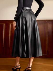 Vintamour 复古经典优雅女式半身裙，秋冬宽松 PU 皮革 A 字裙，带腰带、口袋，黑色，长款 - 黑色 - 查看 3