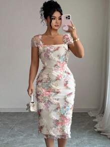 Elenzga Halloween Plus Size Women's Elegant Romantic Random Floral Print Ruched Waist Midi Dress, Suitable For Weddings, Parties, Dates, Casual Wear - Apricot - View 1