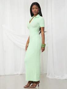 NYA SZN Dress Maxi Spring Collared Short Sleeve Textured Fitted Festival Summer Maxi Day Vacation Modest Spring Break Graduation Wedding Guest Special Occasion Bridal Dinner Prom Statement Festival Outfits For Women - Green - View 5