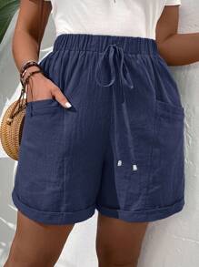 SHEIN Tall CURVE 女士加大码时尚休闲宽松短裤，带口袋设计，女士亚麻短裤，海军蓝短裤，休闲短裤，带口袋，亚麻抽绳短裤 - 藏蓝色 - 查看 7