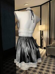 SilkySpell Váy ngủ hở lưng đính nơ trang trí trái tim gợi cảm cho nữ - màu đen - Xem 7