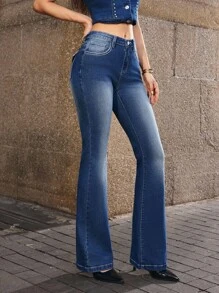 Selenza 女式刺绣翼形口袋喇叭牛仔裤 - 深色水洗藍 - 查看 5