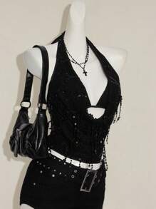 SHEIN ICON Women's Black Fringe Sequin Sheer Mesh Draped Neck Backless Crop Top Two Pieces Set Black Sequin Top - Black - View 1