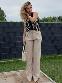 Jeta Ari 女式复古优雅纹理褶皱阔腿裤，秋冬 - 杏色 - 查看 5