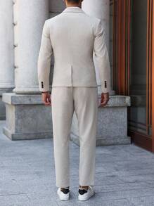Manfinity Bizformal 2 件男士纯色长袖西装外套和裤子，西装套装 - 卡其色 - 查看 2