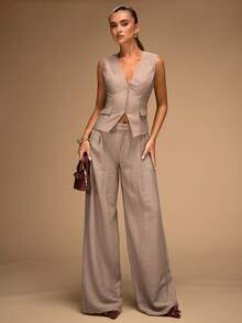 SHEIN BAE Chaleco casual de mujer de unicolor con botones delanteros, chaleco elegante de mujer para otoño/invierno - Café integral - Ver 3
