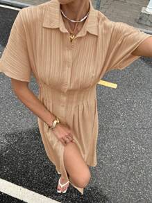 Siren Gaze Váy công sở mùa hè cài nút phía trước cho nữ dáng dài vừa phải đi nghỉ và sinh nhật - Màu Khaki - Xem 6