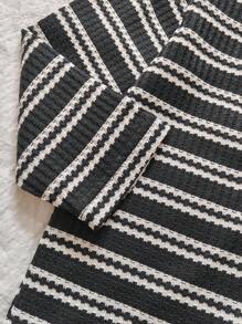 SHEIN 2 件儿童条纹休闲长袖套装，Polo 领 T 恤和裤子套装，适合秋季幼儿男孩 - 黑色 - 查看 6