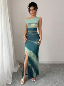 Rafferiza 女式扎染不对称领口短款上衣和紧身迷你裙两件套 - 綠色 - 查看 3