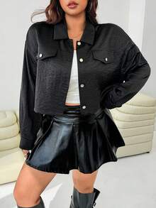 SHEIN EZwear Jaqueta Cropped Casual de Cor Sólida para Mulheres Plus Size - Preto - Visão 1