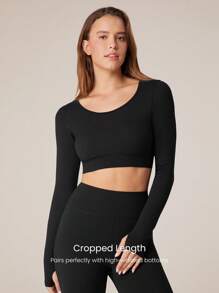 GLOWMODE Seamless Fitted Long Sleeve Crop Tee With Lace-Up Back Light Support Low Impact Yoga Daily Gym