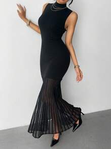 Elenzga Women's Elegant Fitted Mock Neck Organza Patchwork Hem Sweater Dress