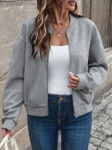 SHEIN PETITE Women's Gray Casual/Commute Long Sleeve Zip-Up Cardigan (Random Print) Fall Winter Cloth For Women