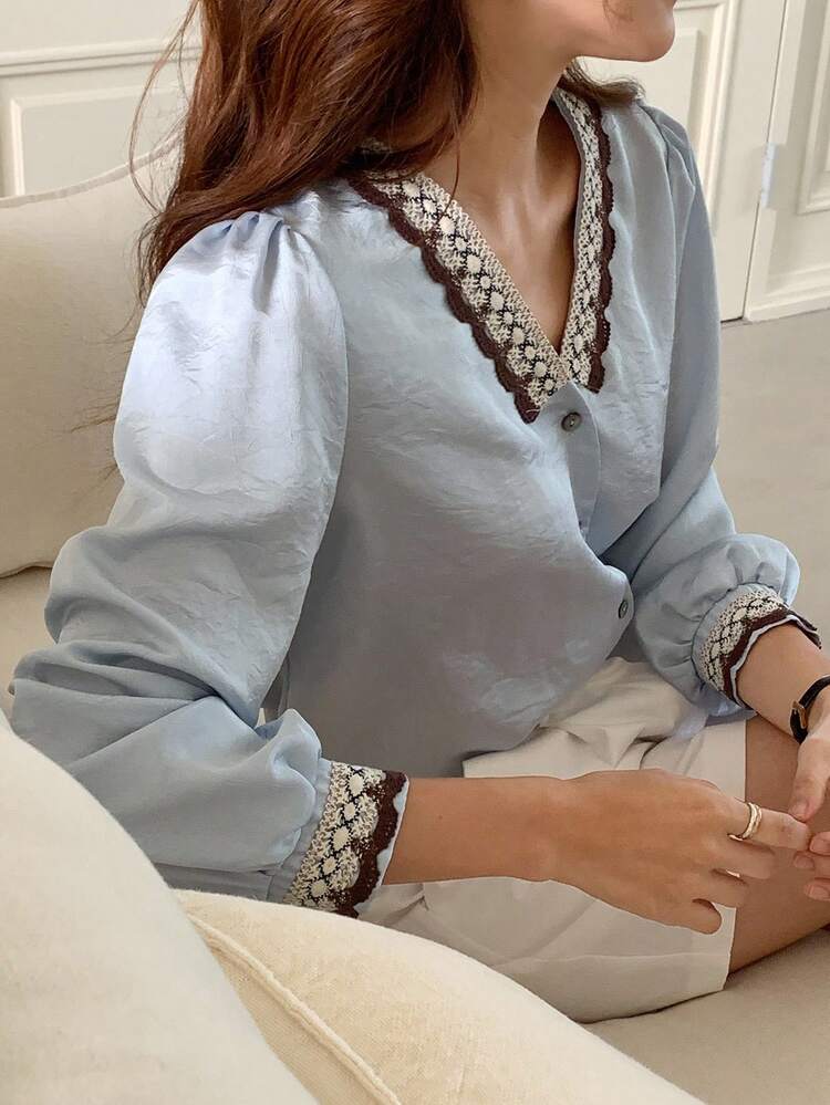 Loose Business Casual Splice Hollow Out Ribbon Splice Long Sleeve Chiffon Satin V-Neck Blouse For Women, Suitable For Spring, Summer, Autumn