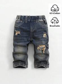 SHEIN Baby/Toddler Boys' Fall And Winter Vintage Distressed Street Style Casual Dark Blue Denim Ripped Frayed Loose Fit Straight Leg Baggy Jeans,Without Top,For Boys Back To School And Streetwear Outfits,Toddler Jeans