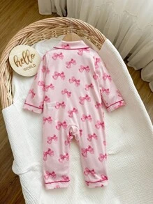 SHEIN Newborn Baby Girl Cute Casual Knitted Pink Bow Pattern Long Sleeve Jumpsuit Fall Winter