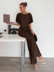 Siren Gaze 2件套女士纯色褶皱衬衫和裤子休闲套装 - 咖啡棕 - 查看 5