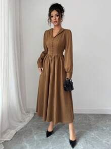 Elenzga 女士棕色厚面料 V 领纽扣设计腰部收紧 A 字秋季中长连衣裙，优雅精致，适合教师装、约会、街头、旅行、感恩节、万圣节派对、秋冬 - 棕色 - 查看 5