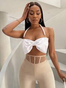 BamGleam Của phụ nữ Quá quắt Nơ & Trân châu Dây đeo vai Áo hai dây - trắng - Xem 3