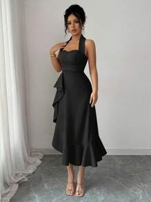 Elenzga 无袖露背腰荷叶边下摆优雅浪漫女式连衣裙 - 黑色 - 查看 4