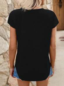 SHEIN LUNE 女式纯色 V 领短袖休闲百搭 T 恤，夏季 - 黑色 - 查看 2