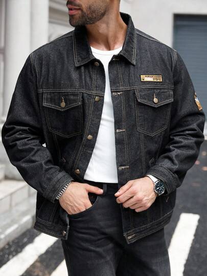 Manfinity Homme Plus Size Men's Casual Embroidered Patch Black Denim Jacket, Fall