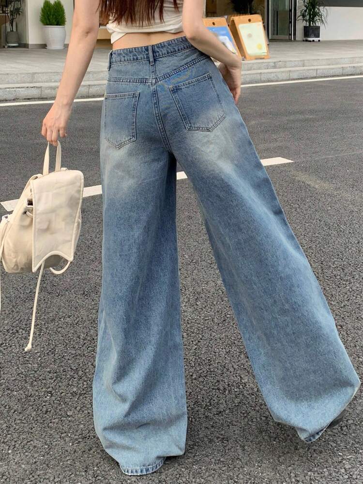 Casual Distressed Loose Fit Wide Leg Jeans Low Rise Jeans