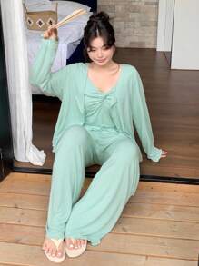 Dazy Plus 3pcs Solid Color Knit Twist Design Camisole Top Coat & Pants Loungewear Set, Plus Size, Outfits, Fall Clothes - Mint Green - View 7