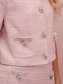 Enchnt Fall/Winter Romantic Women's Elegant Pink Tweed Pearl Embellished Single-Breasted Short Sleeve Jacket,Sweet&Elegant&Fashionable For Vacation&Date&Holiday&Birthday&Party&Graduation&Wedding Guest&Office&Going Out,Back To School,Fall Jackets For Women,Autumn Clothes