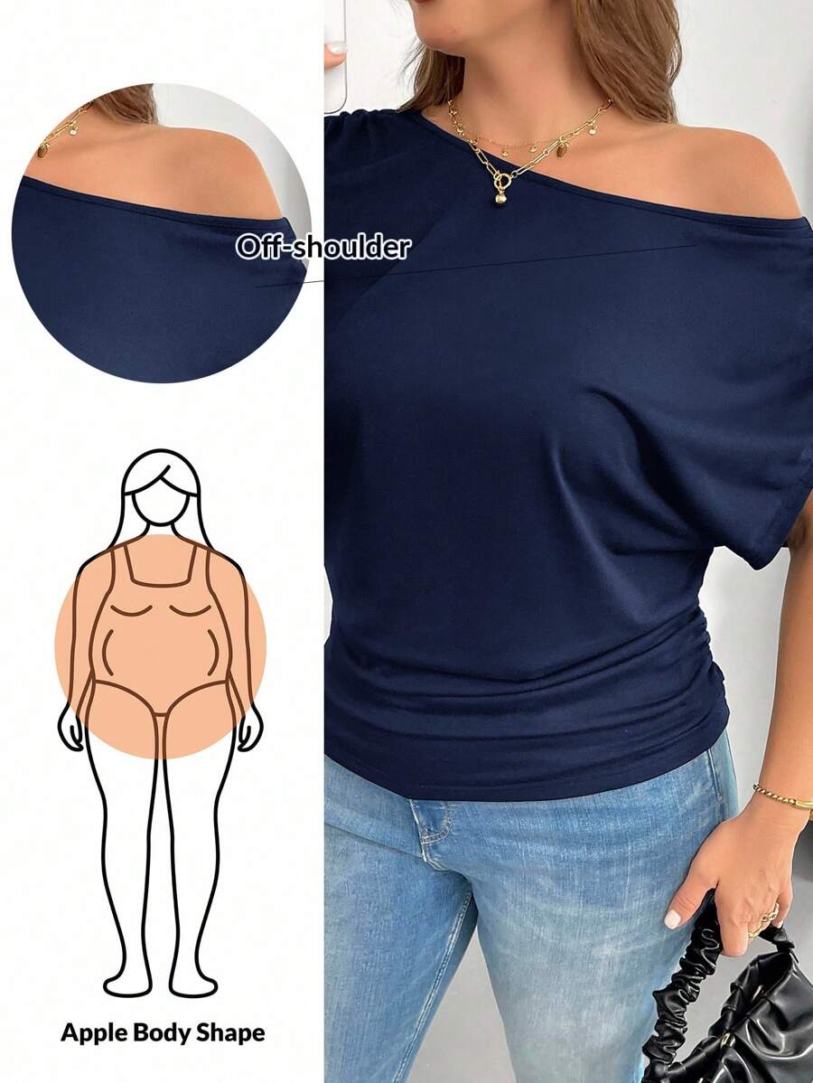 SHEIN Essnce Áo thun ngắn tay dáng ôm thoải mái, rộng rãi, đa năng dành cho nữ cỡ lớn, thời trang xuân hè, kiểu dáng đơn giản, thích hợp mặc đi làm, áo mùa hè kiểu châu Âu, áo đi nhà thờ, áo dành cho giáo viên, áo đi nghỉ mát. - Màu xanh hải quân - Xem 1