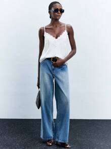 Maija Women's Lace Patchwork Blouse, Elegant, Romantic, Fashionable, Comfortable, V-Neck, Adjustable Spaghetti Strap, Suitable For Vacation, Business Casual, Western Style, Cruise Wear, Social Occasions, Sleeveless Top White Lace Cami Top White Cami Lace Trim Cami White Spaghetti Strap Top White Tank Top,Autumn Outfits For Women, Modern Urban Casual Fashion Business Casual Women's Office Wear Low-Key Old Money Style Effortless Temperament High-End Urban Commuting High-Quality Airport Women's Wear - White - View 2