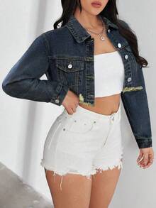 SHEIN ICON Áo khoác denim cắt ngắn rách rưới giặt thường ngày - Rửa tối - Xem 5