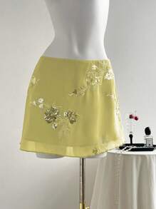 SHEIN LUNE 大码新款中式性感透视刺绣绿色短裙女黄色裙子女式夏季裙子花裙绣花裙雪纺裙 - 黃色 - 查看 3