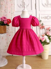 Elladie kids 女孩夏季休闲时尚纯色甜美泡泡袖连衣裙，可拆卸蝴蝶结后背设计，适合休闲度假穿着 - 粉色 - 查看 2