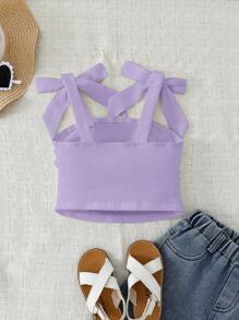 年轻女孩优雅纯色修身甜美蝴蝶结系带肩侧褶吊带背心，妈妈和女儿及姐妹搭配 - 紫色 - 查看 3